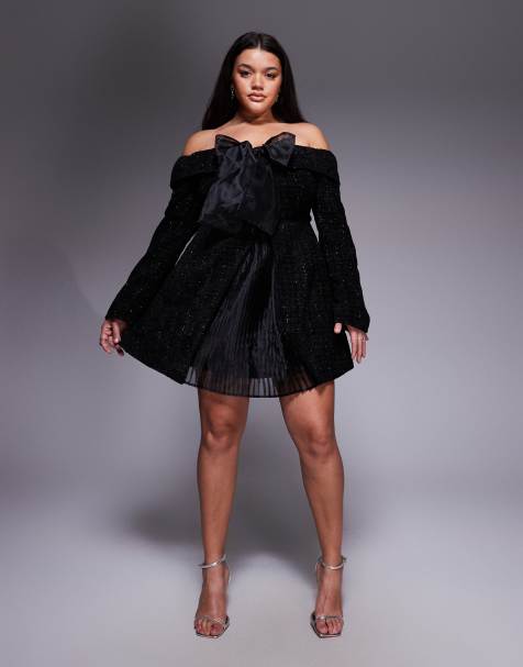 ASOS LUXE Curve - Robe courte en maille bouclée à encolure Bardot avec jupe plissée et nœud - Noir - view 1