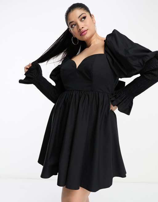 ASOS LUXE Curve - Robe courte en popeline à fronces et manches bouffantes - Noir