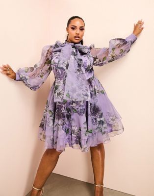 ASOS LUXE Curve organza mini swing dress with pussybow in purple floral print - ASOS Price Checker