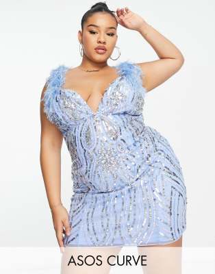 ASOS LUXE Curve - Robe courte ornée de pierres et de plumes fantaisie -  Bleu | ASOS