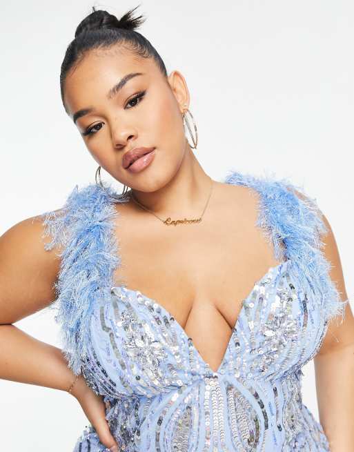ASOS LUXE Curve - Robe courte ornée de pierres et de plumes fantaisie - Bleu, 2 de 4