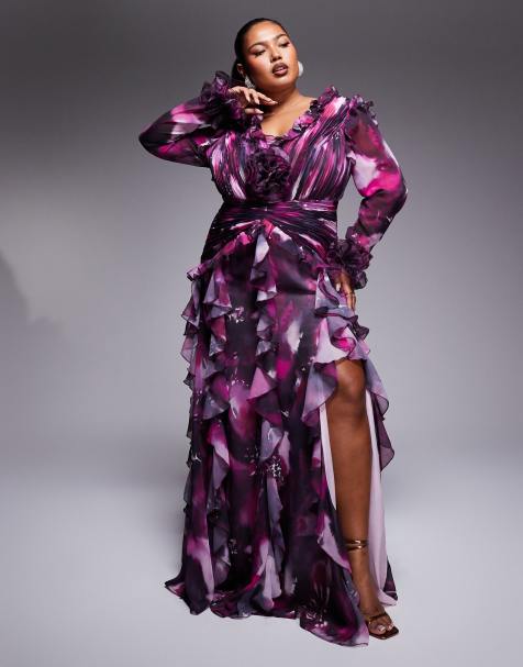 ASOS LUXE Curve - Robe longue à volants et manches longues en organza - Imprimé fleuri foncé - view 1