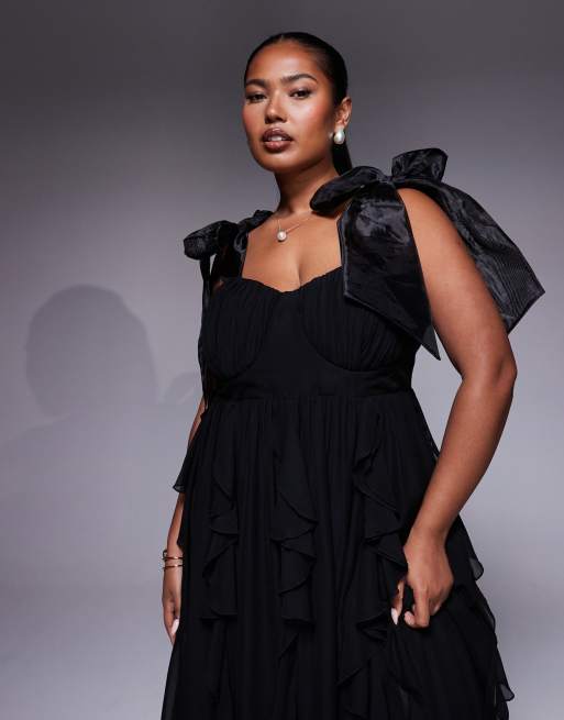 ASOS LUXE Curve - Robe longue avec volants en cascade et bretelles nouées - Noir, 3 de 4