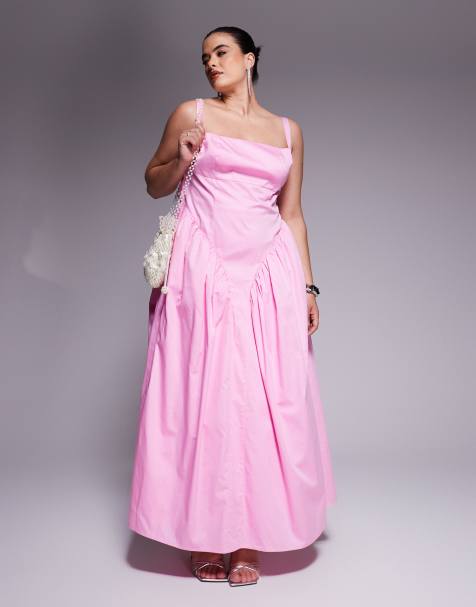 ASOS LUXE Curve - Robe longue en satin de coton avec taille cintrée et nœud au dos - Rose - view 1