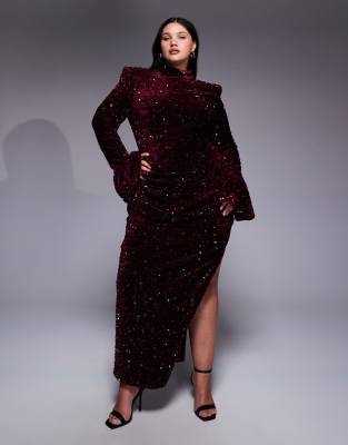 Curve - Robe longue en velours et sequins avec taille drapée - bordeaux-Rouge 46