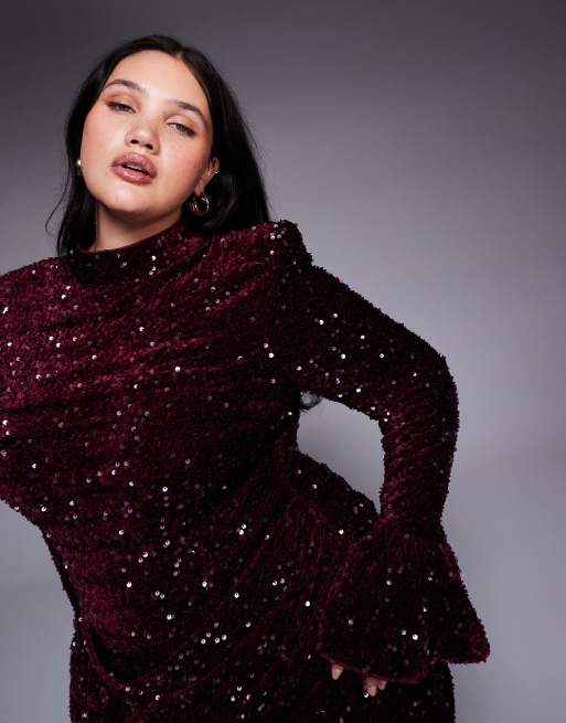 ASOS LUXE Curve - Robe longue en velours et sequins avec taille drapée - bordeaux, 4 de 4