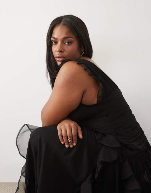 ASOS LUXE Curve robe longue froncée avec détail cascade en noir, 2 de 4