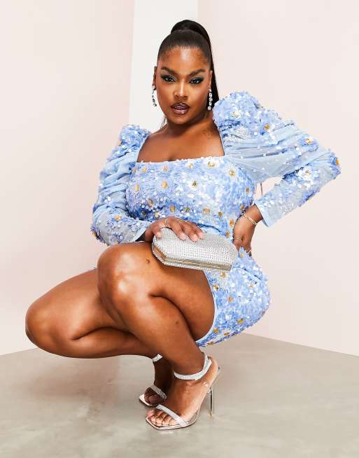 ASOS LUXE Curve Robe mi longue a manches bouffantes et fleurs ornementees Blanc bleu ASOS