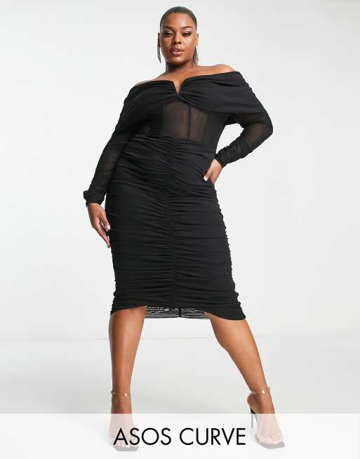 ASOS LUXE Curve Robe mi longue style corset encolure Bardot avec manches drap es et d tail fronc Noir