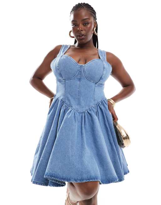 ASOS LUXE Curve Robe patineuse courte en jean facon corset avec n ud dans le dos Bleu moyen delave ASOS