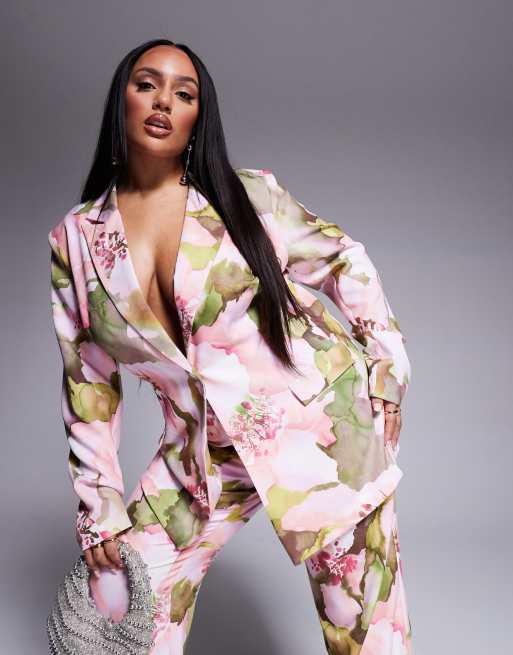 ASOS LUXE Curve – Rosa, blommig, enkelknäppt, figursydd kavaj, del av set