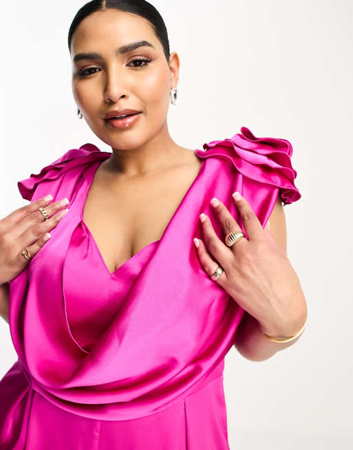 ASOS LUXE Curve – Rosa jumpsuit i satin med djup urringning, vida ben och corsage, 2 av 4