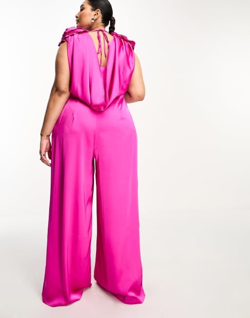 ASOS LUXE Curve – Rosa jumpsuit i satin med djup urringning, vida ben och corsage, 3 av 4