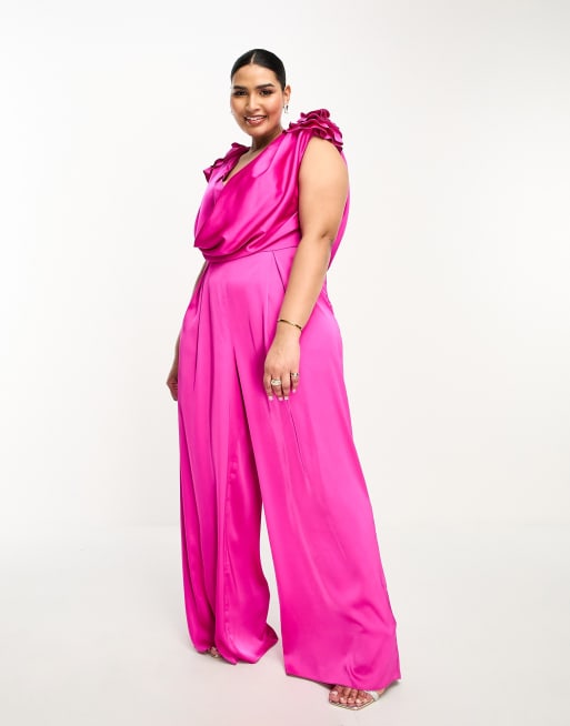 ASOS LUXE Curve – Rosa jumpsuit i satin med djup urringning, vida ben och corsage, 4 av 4