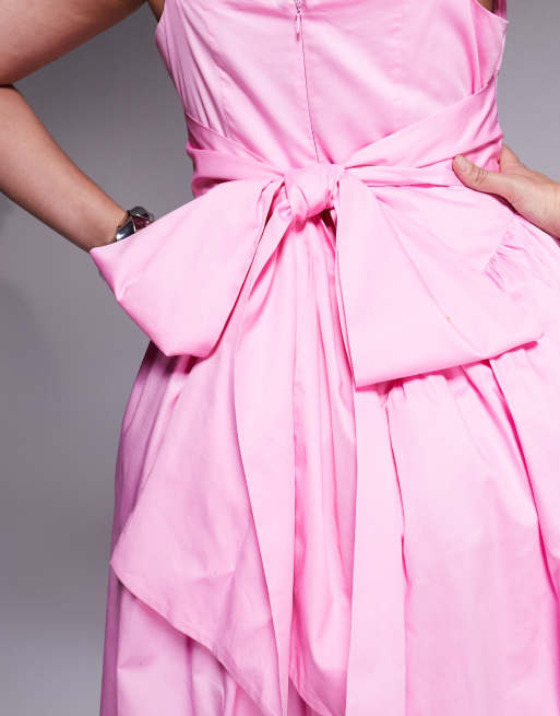 ASOS LUXE Curve – Rosa maxiklänning i bomullssatin med indragen midja och rosett baktill, 3 av 4