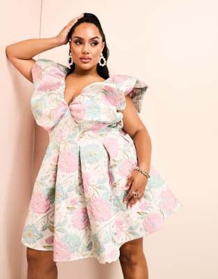 ASOS Luxe Curve – Różowa żakardowa sukienka typu bombka w kwiatowy wzór z głębokim dekoltem