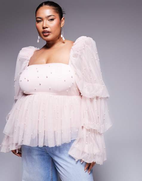 ASOS Luxe Curve – Różowy tiulowy top w stylu babydoll zdobiony perełkami - view 1