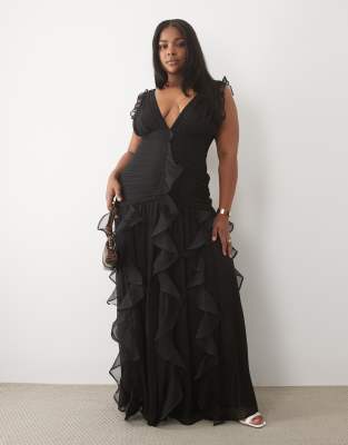 Asos Luxe Curve Ruched Maxi Dress With Waterfall Detail In Black