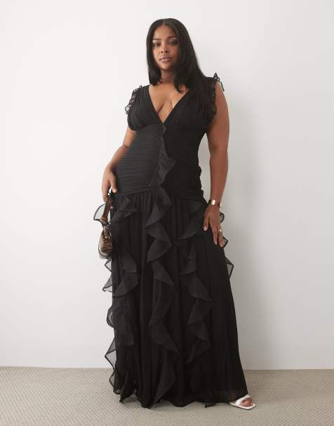 ASOS LUXE Curve ruched maxi dress with waterfall detail in black - view 1