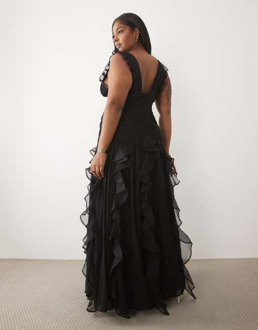 ASOS LUXE Curve ruched maxi dress with waterfall detail in black, 3 of 4