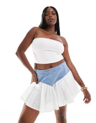 Curve ruffle denim shorts with eyelet in mid wash blue