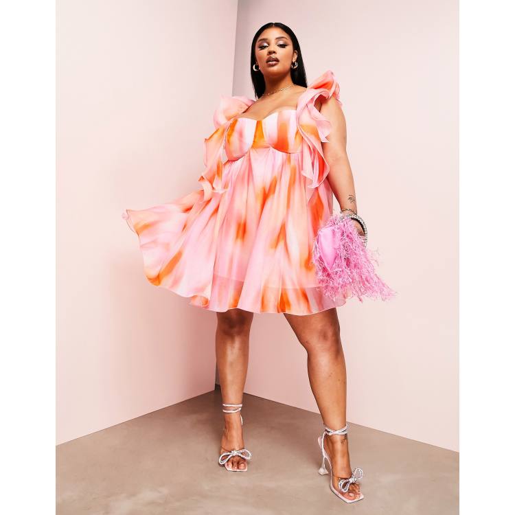 ASOS LUXE Curve 3D floral satin wired babydoll mini dress in pink