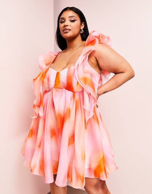 ASOS LUXE Curve ruffle shoulder cupped babydoll mini dress in pink