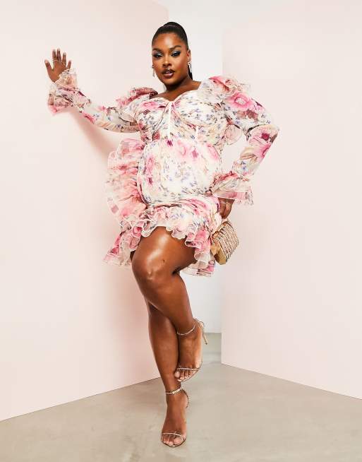 ASOS LUXE Curve - Rynket langærmet minikjole med blomsterprint i organza, 4 af 4