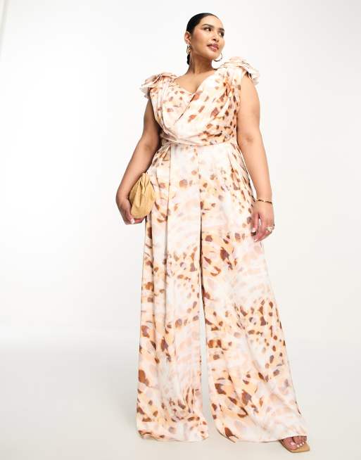 ASOS LUXE Curve - Satijnen jumpsuit met diepuitgesneden halslijn, corsage en wijde pijpen in luipaardprint