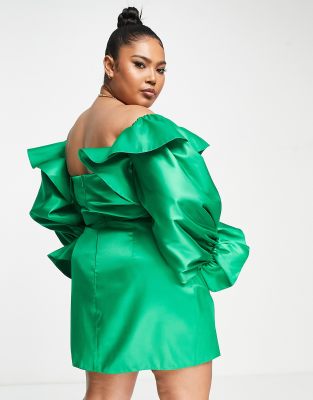 green satin dress with puff sleeves