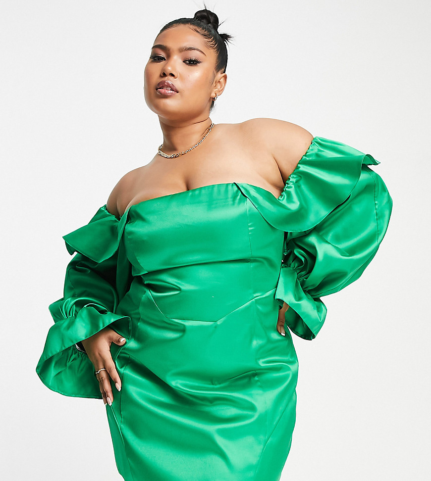 ASOS LUXE Curve satin bardot bodycon dress with puff sleeves in bright green