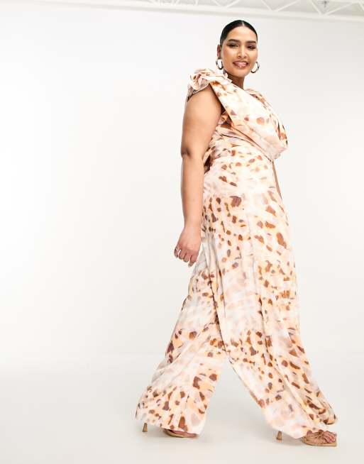 ASOS LUXE Curve satin corsage plunge neck wide leg jumpsuit in