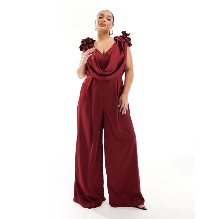 ASOS LUXE Curve satin corsage plunge neck wide leg jumpsuit in oxblood