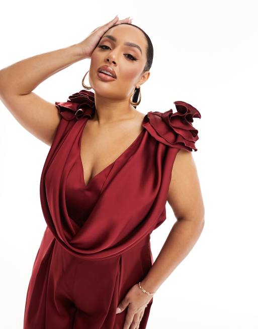 ASOS LUXE Curve satin corsage plunge neck wide leg jumpsuit in oxblood