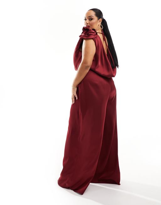 ASOS LUXE Curve satin corsage plunge neck wide leg jumpsuit in oxblood