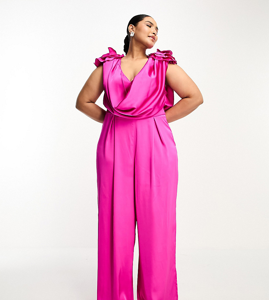 ASOS LUXE Curve satin corsage plunge neck wide leg jumpsuit in pink