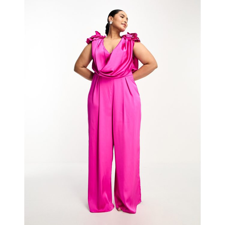 ASOS LUXE Curve satin corsage plunge neck wide leg jumpsuit in pink