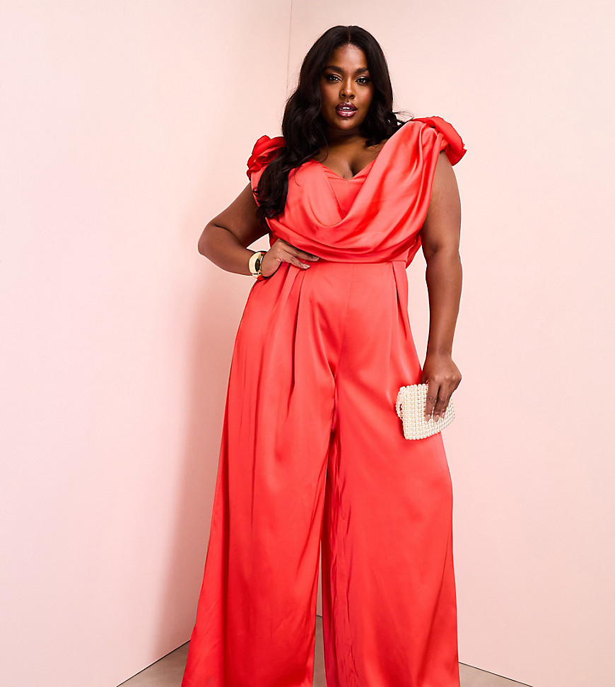 Curve satin corsage plunge neck wide leg jumpsuit in red-Multi