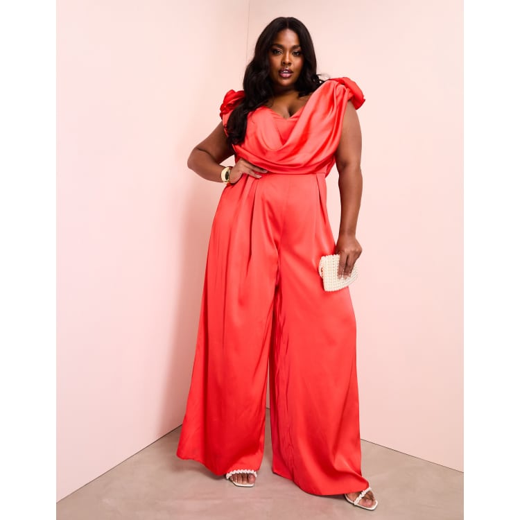 ASOS LUXE Curve satin corsage plunge neck wide leg jumpsuit in red