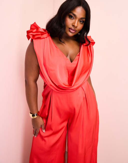 ASOS LUXE Curve satin corsage plunge neck wide leg jumpsuit in red