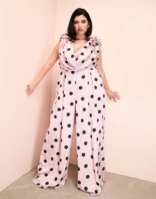 ASOS LUXE Curve satin corsage plunge neck wide leg jumpsuit in spot print-Multi