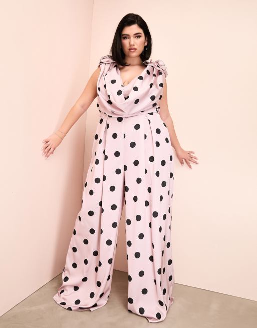 ASOS LUXE Curve satin corsage plunge neck wide leg jumpsuit in spot print