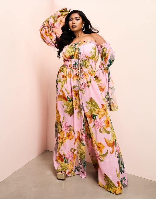 ASOS LUXE Curve Schulterfreier langarmliger transparenter Strand Jumpsuit mit Blumenmuster ASOS