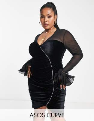 ASOS LUXE Curve - Schwarzes Minikleid aus Samt mit tiefem Ausschnitt und durchsichtigen Ärmeln