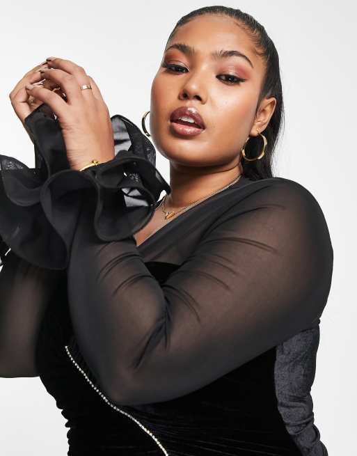 ASOS LUXE Curve – Schwarzes Minikleid aus Samt mit tiefem Ausschnitt und durchsichtigen Ärmeln, 3 von 4