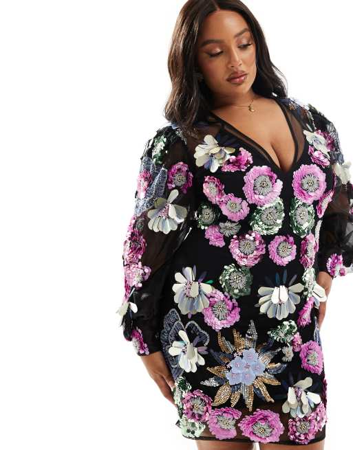 ASOS LUXE Curve – Schwarzes Minikleid mit V-Ausschnitt und verzierten Blumen, 4 von 4