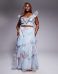 [ASOS LUXE] ASOS LUXE Curve shirred chiffon maxi skirt in blue floral print (part of a set) 26 BLUE