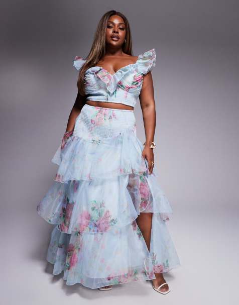 ASOS LUXE Curve shirred cupped cropped top with ruffle detail and shirred chiffon maxi skirt set in blue floral print - view 1