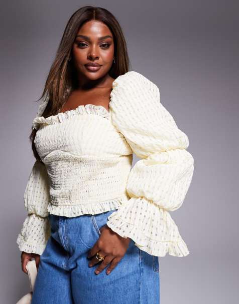 ASOS LUXE Curve shirred textured gingham puff sleeve top in buttermilk - view 1