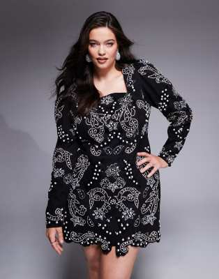 Curve silver embellished mini dress in black